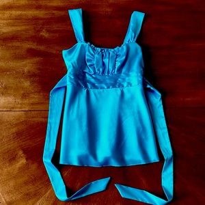 BCX Turquoise Satin Sleeveless Blouse S Tieback